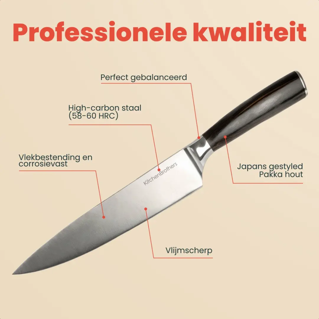 KitchenBrothers Koksmes 20cm - Professioneel Japans Pakka Hout