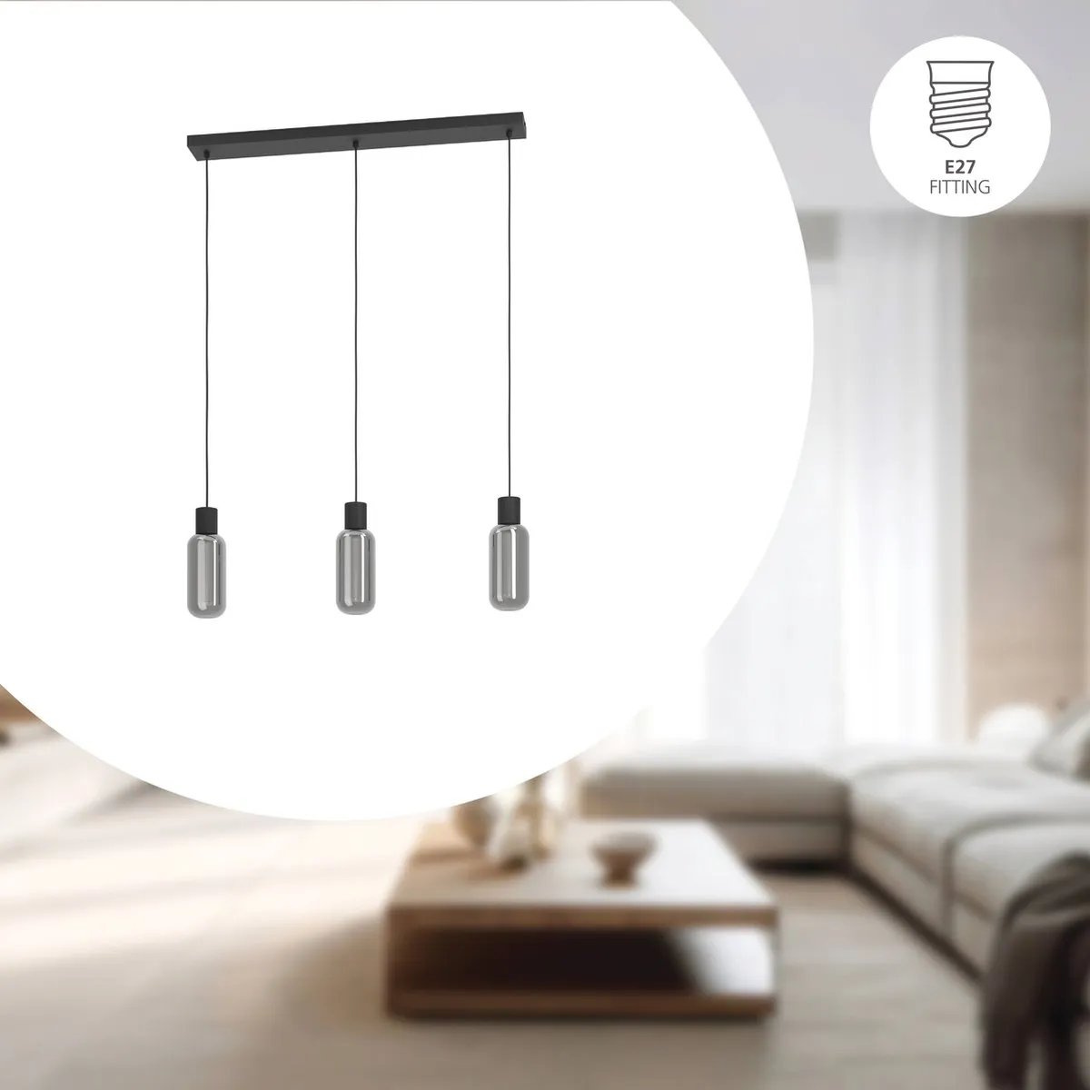 Eglo Majone Hanglamp E27 - 3 Lichthoorns - Zwart/Grijs - Smoke Glas