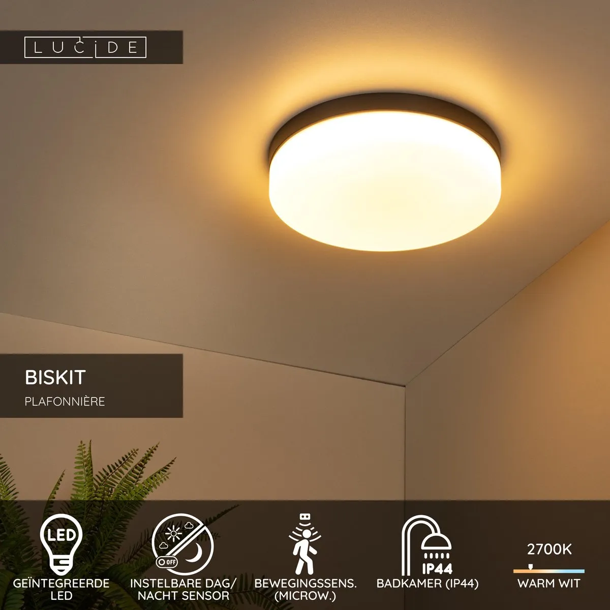 Lucide BISKIT Plafondlamp Badkamer - Ø34,5cm LED 24W IP44 Zwart