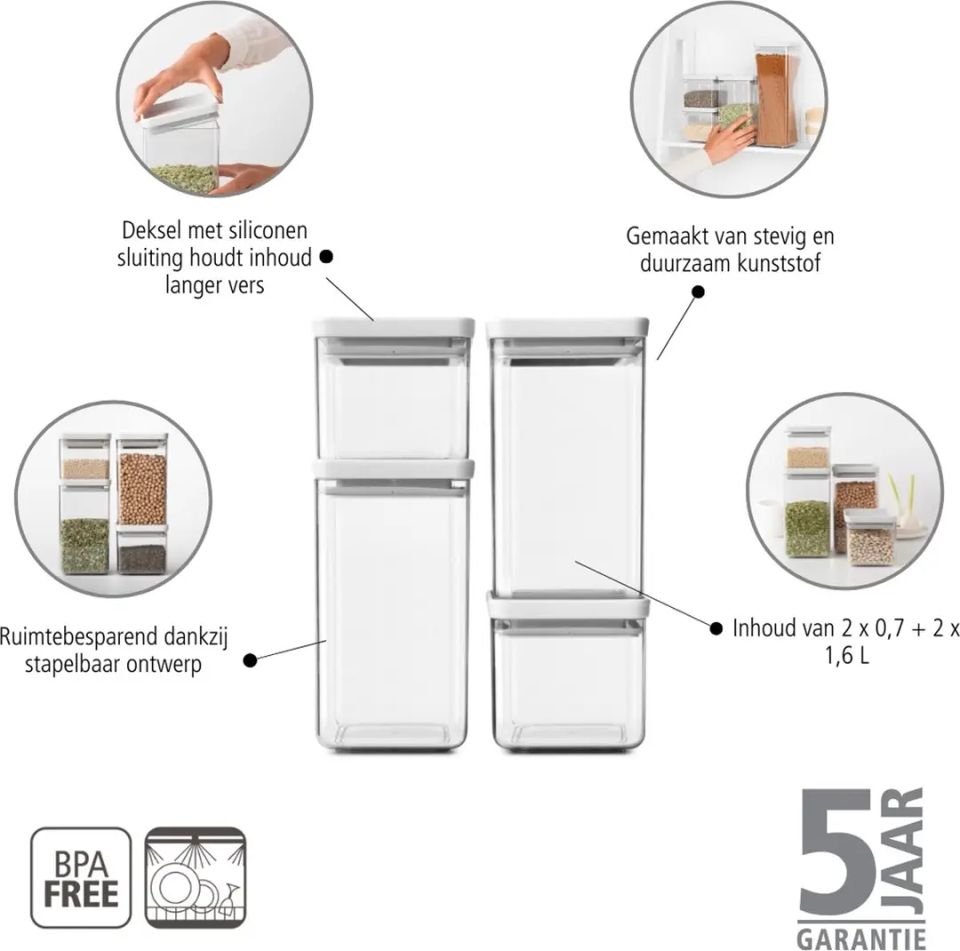 Brabantia Tasty+ Voorraadbussen 122569 - 2x 0,7L & 2x 1,6L - Light Grey