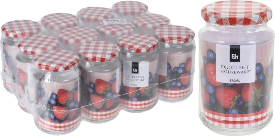 Excellent Houseware Jampot 370ml - 2 Stuks - Rood/Wit Geblokt