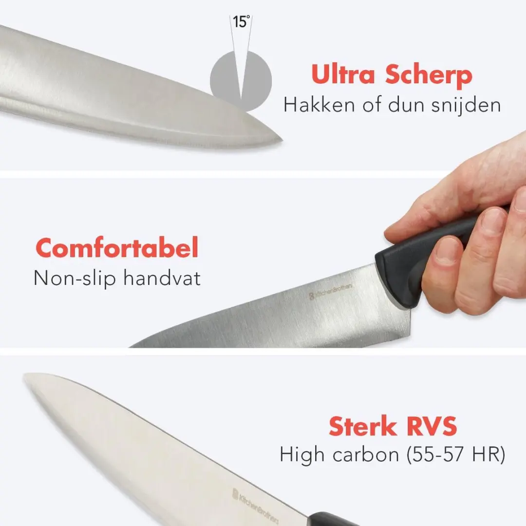 KitchenBrothers Messenset 17-delig RVS/Zwart - met slijper