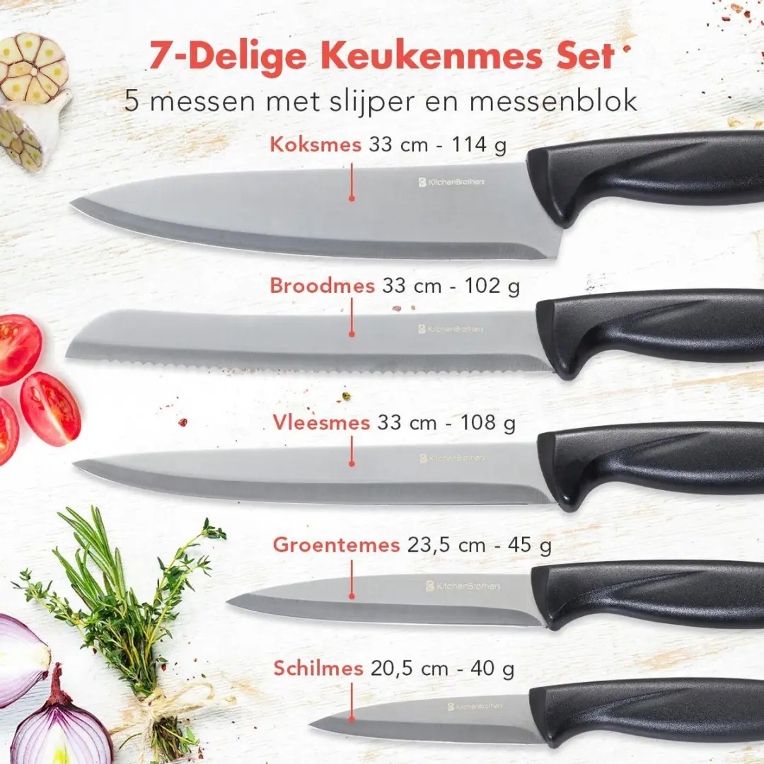KitchenBrothers Messenset 17-delig RVS/Zwart - met slijper