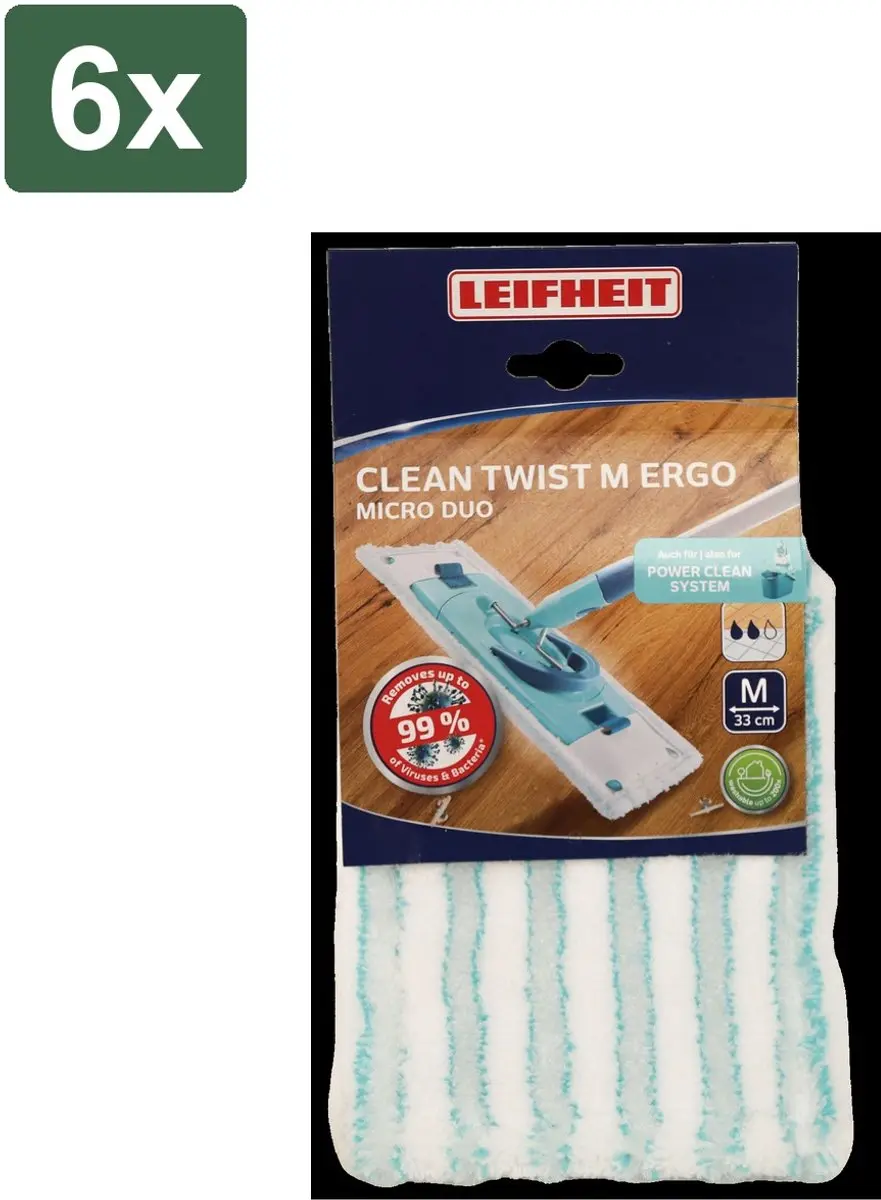 Leifheit Clean Twist Overtrek Vloerwisser M Ergo 33cm - 6 Stuks - Wit