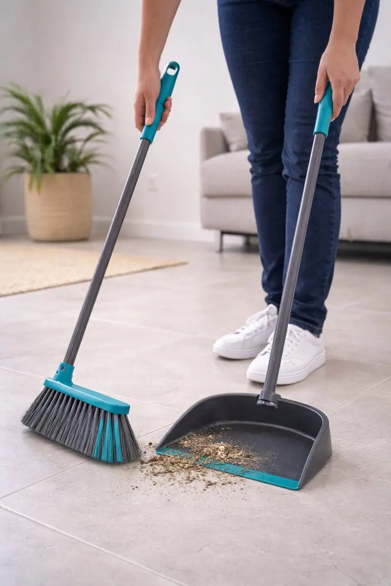 Alpina Bezem en Blik Kunststof - 92cm - Grijs met Aquablauw