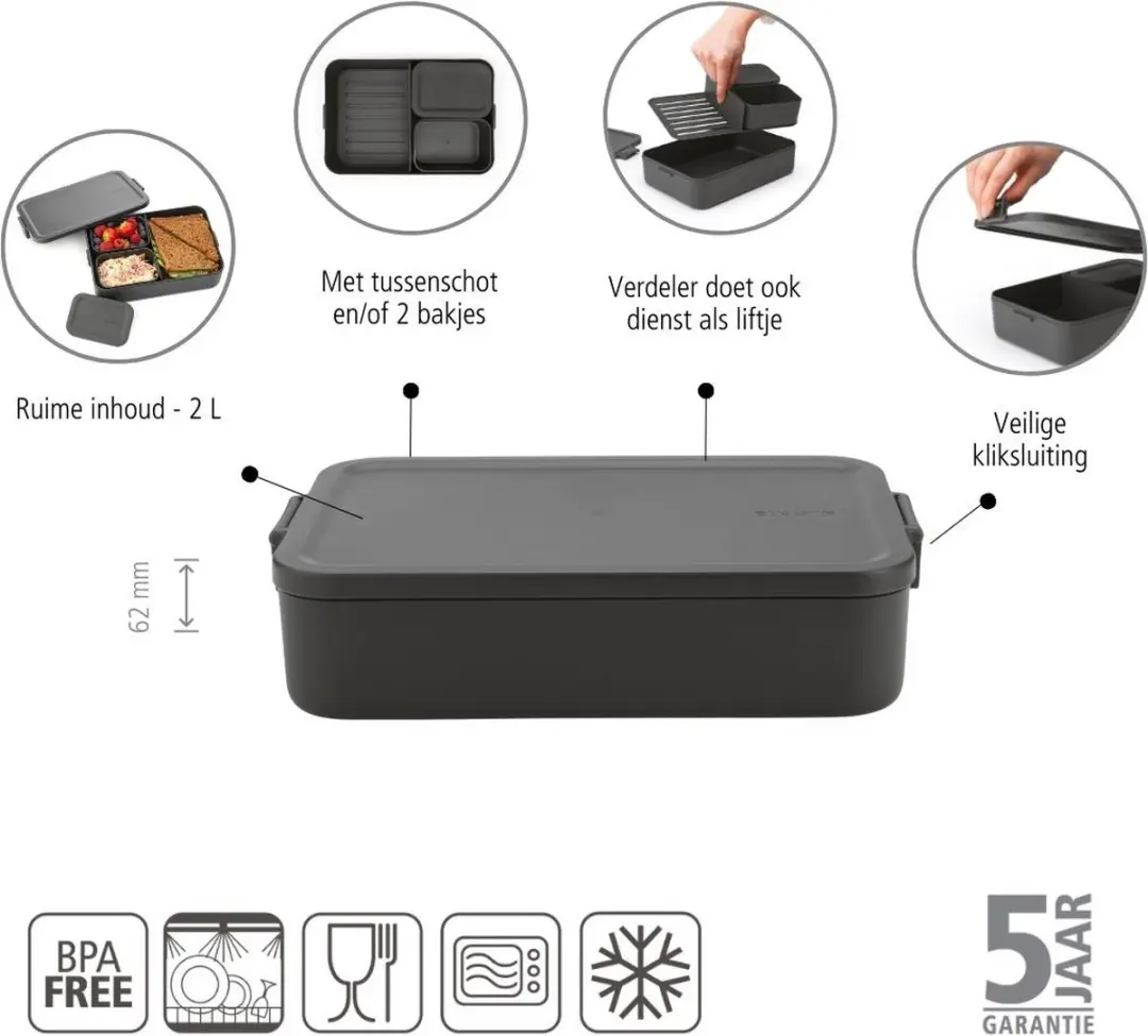 Brabantia Make & Take Bento Lunchbox 2L - 3 Vakken - Dark Grey