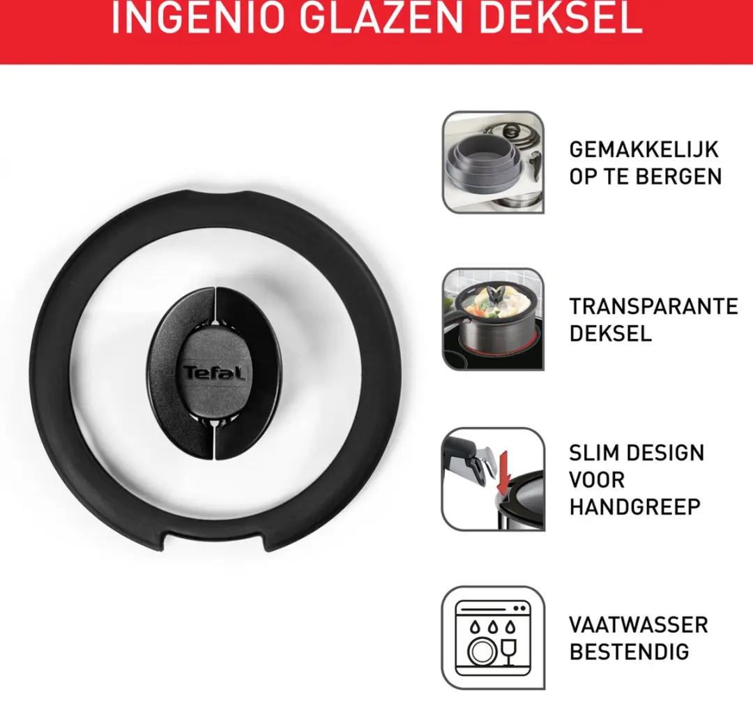 Tefal Ingenio Glazen Deksel 22cm - Zwart - afbeelding 5 van 6