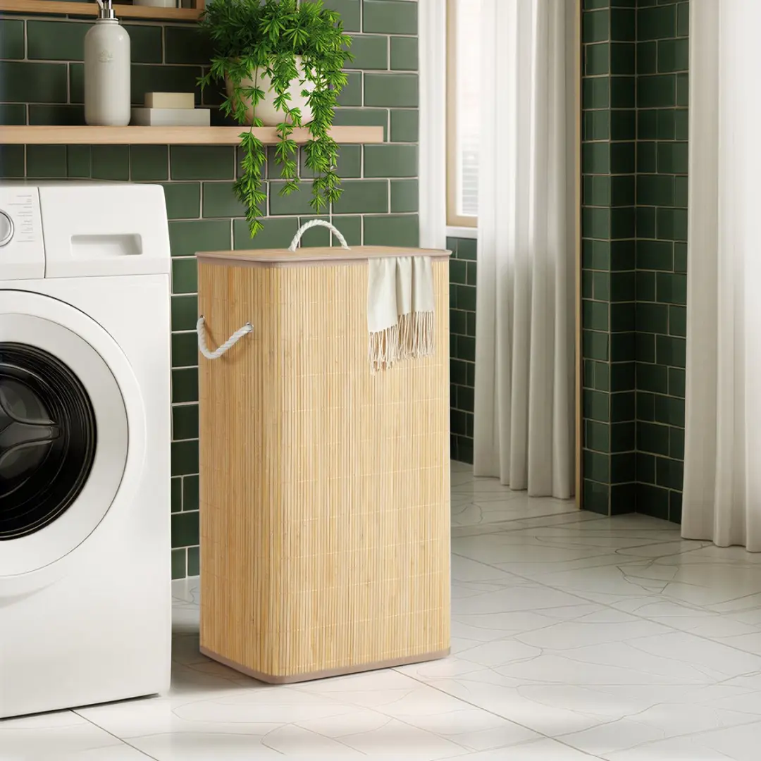 Songmics Bamboe Wasmand met Deksel 90L - Opvouwbaar