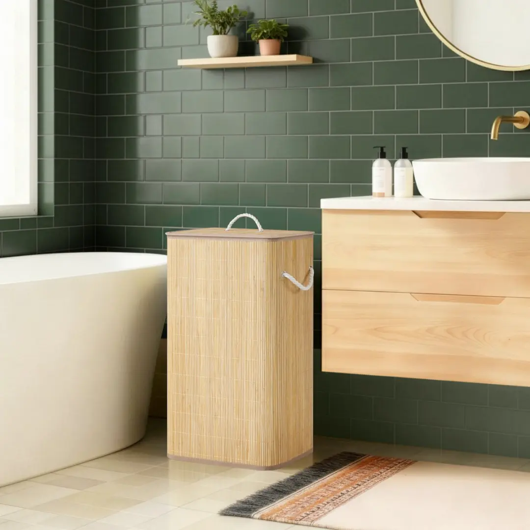 Songmics Bamboe Wasmand met Deksel 90L - Opvouwbaar