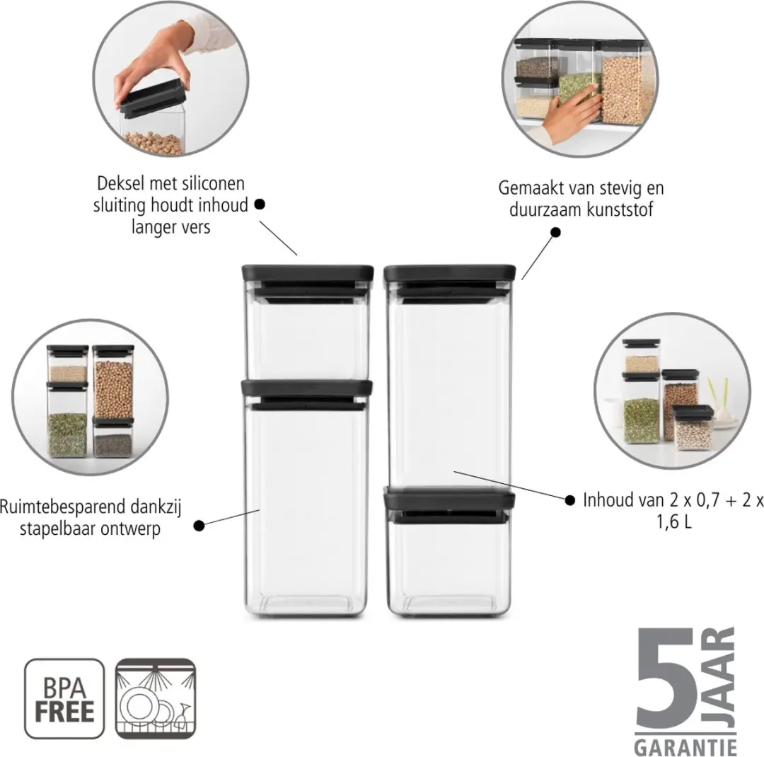 Brabantia Tasty+ Voorraadbussen 122422 - 2x 0,7L & 2x 1,6L - Dark Grey