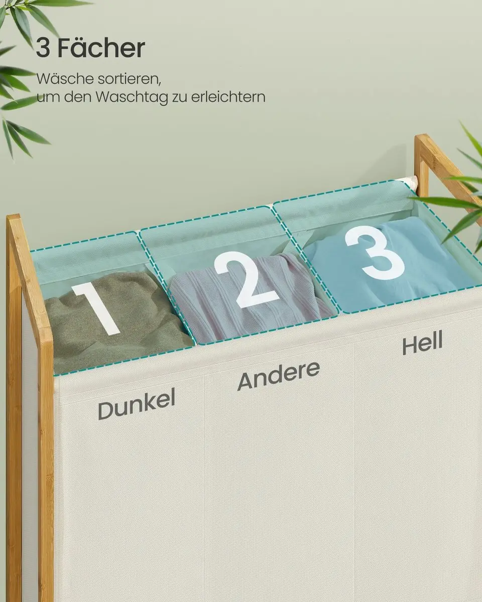 Songmics Wasmand Bamboe 100L - 2 Compartimenten - Crèmewit