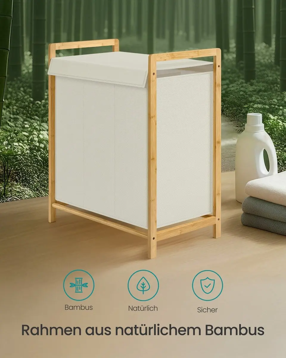 Songmics Wasmand Bamboe 100L - 2 Compartimenten - Crèmewit