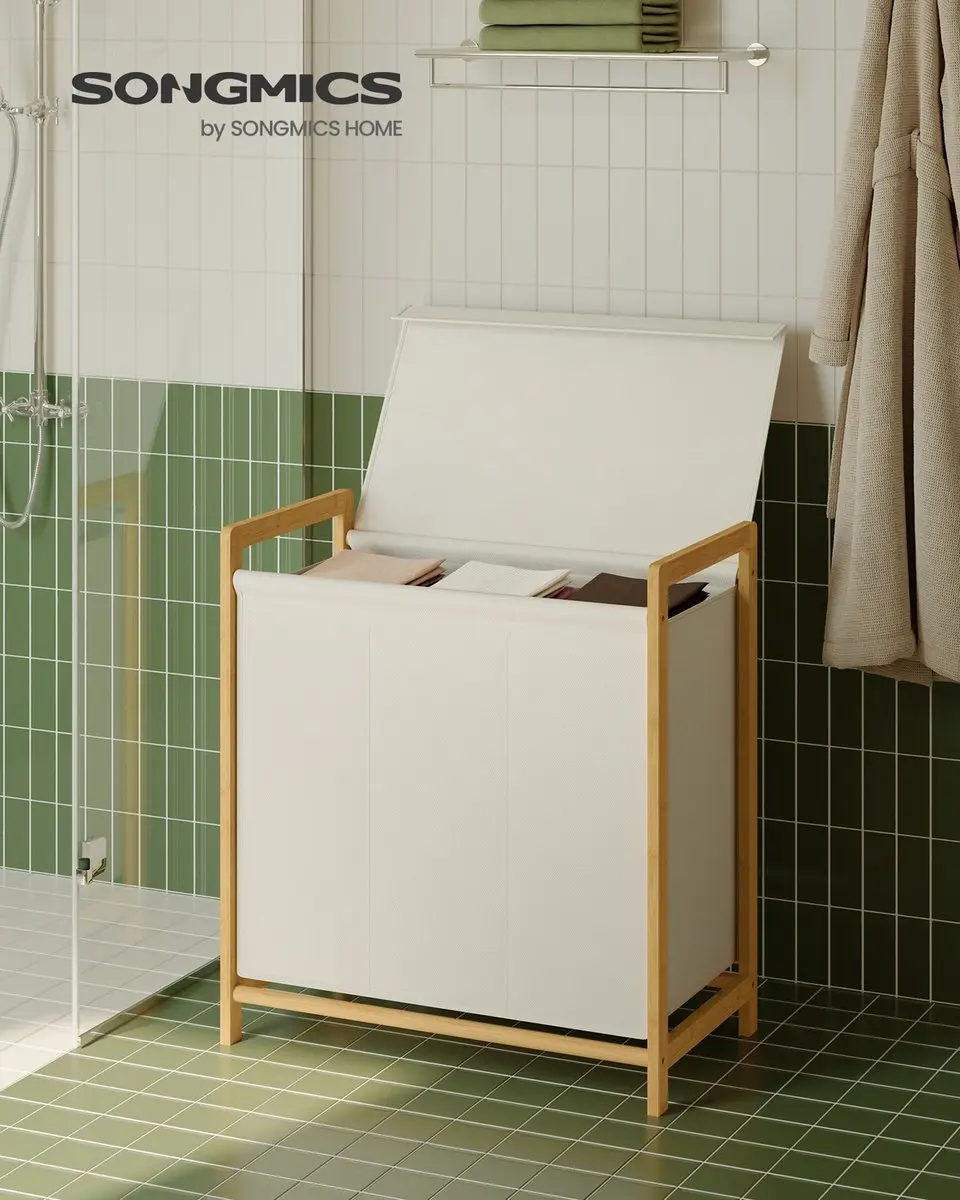 Songmics Wasmand Bamboe 100L - 2 Compartimenten - Crèmewit