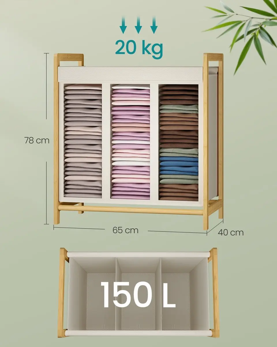 Songmics Wasmand Bamboe 100L - 2 Compartimenten - Crèmewit