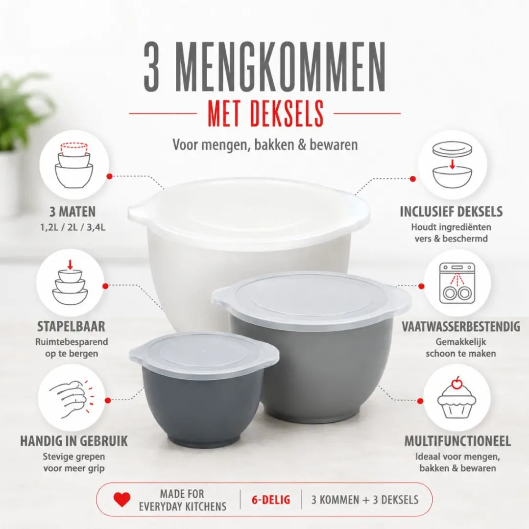 Alpina Mengkommen Set 3 Stuks - 1,2L/2L/3,4L Grijs/Wit