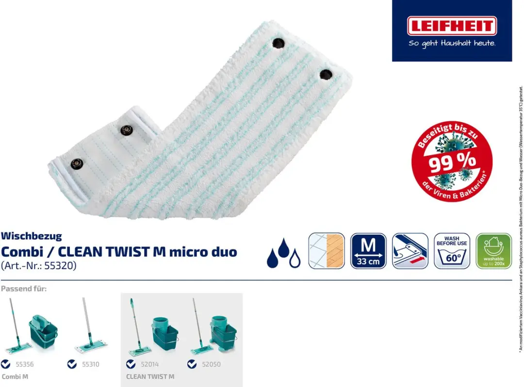 Leifheit Clean Twist M Combi Clean M Vloerwisserdoek Micro Duo 33cm