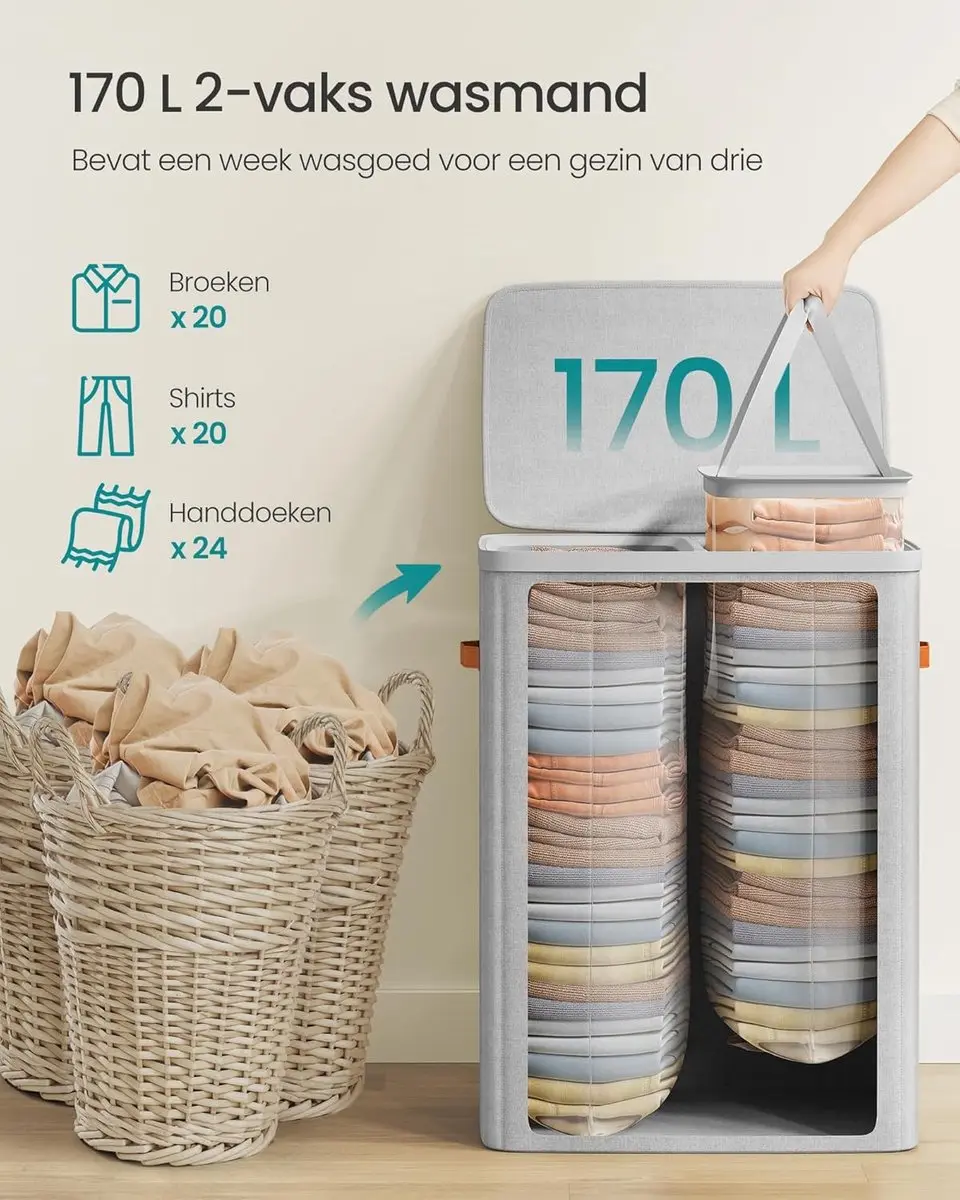 Songmics Wasmand 2 Compartimenten 170L - Grijs