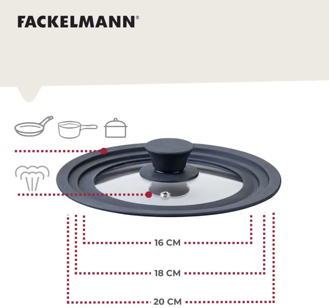 Fackelmann Kookdeksel Glas & Siliconen 16-20cm - 20cm - Transparant/Zwart