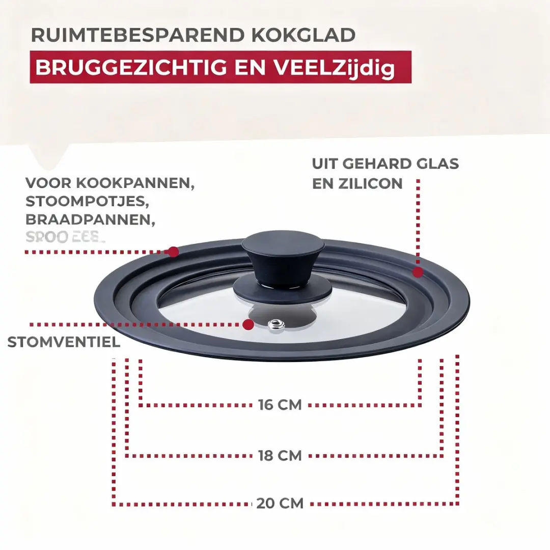 Fackelmann Kookdeksel Glas & Siliconen 16-20cm - 20cm - Transparant/Zwart