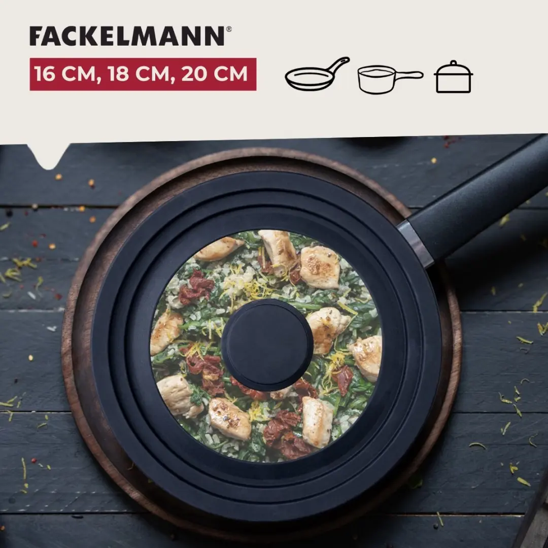 Fackelmann Kookdeksel Glas & Siliconen 16-20cm - 20cm - Transparant/Zwart - afbeelding 6 van 6