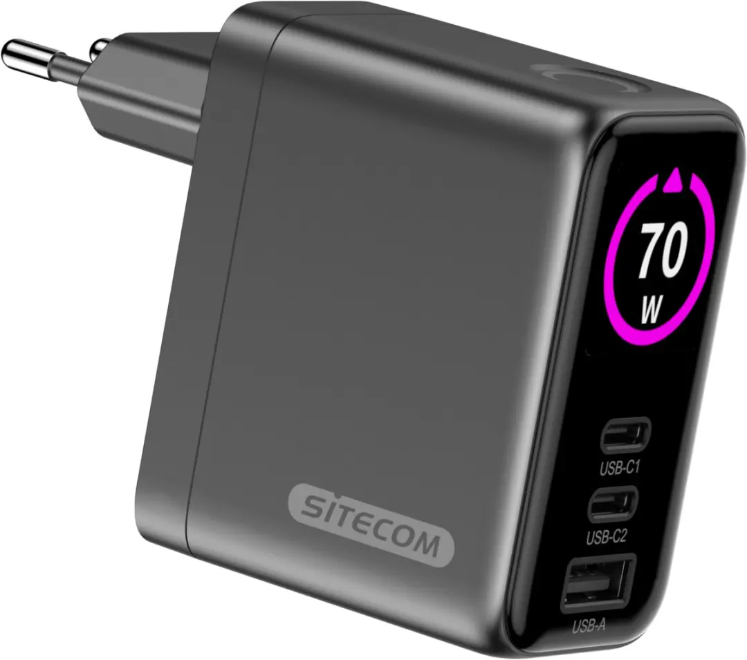 Sitecom CH-1202 70W GaN Wandlader - 3x USB-C - Zwart/Grijs