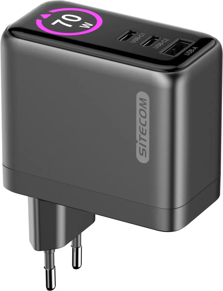 Sitecom CH-1202 70W GaN Wandlader - 3x USB-C - Zwart/Grijs
