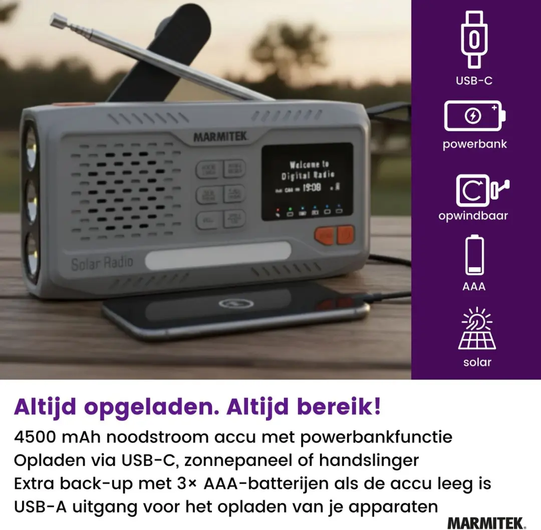 Marmitek RESQ 100 Noodradio - 4500mAh Powerbank - DAB+/FM - Zwart