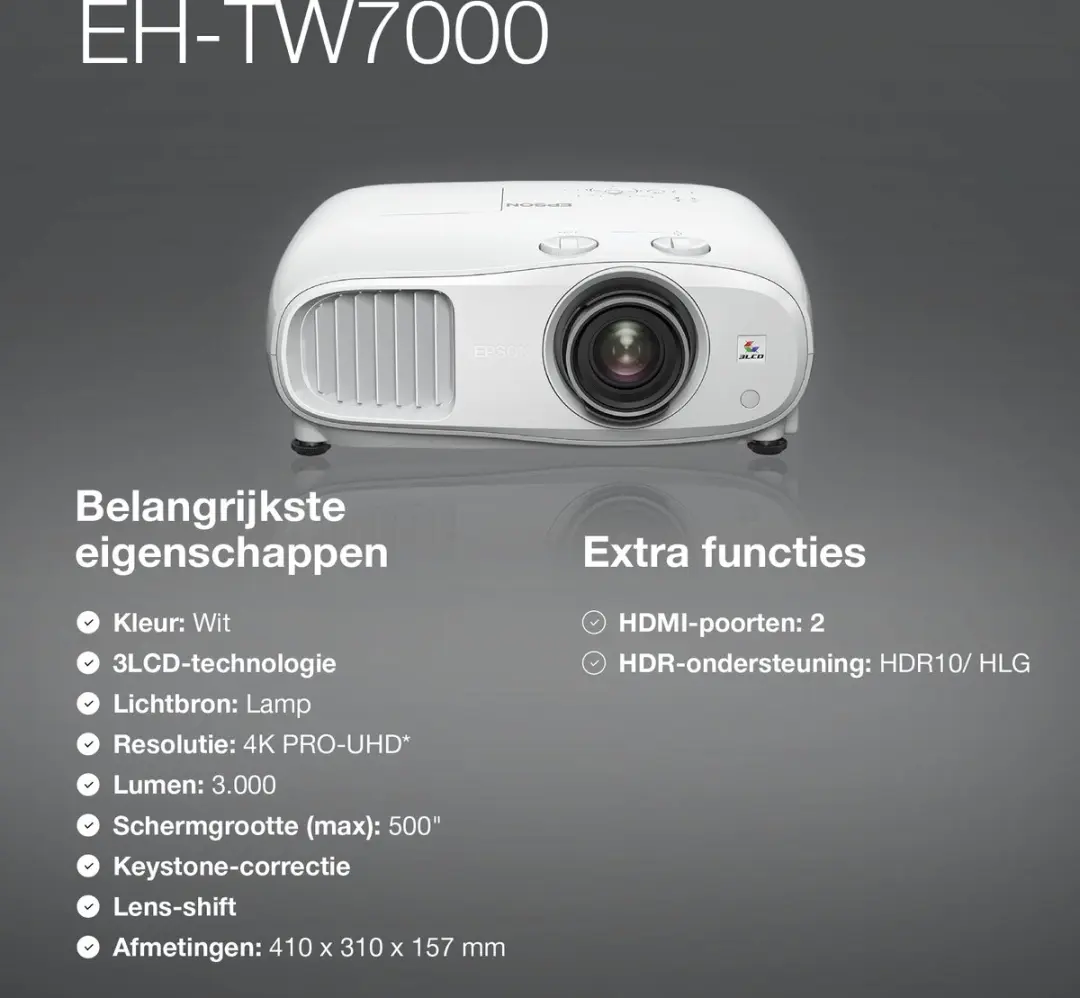 Epson EH-TW7000 4K Beamer - 3000 Lumen - Wit