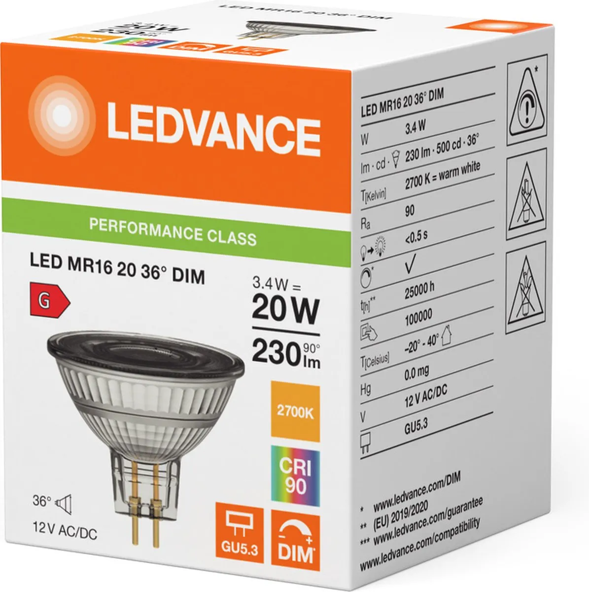 LEDVANCE Performance LED Spot MR16 3.4W 230lm - 36° - 927 Zeer Warm Wit