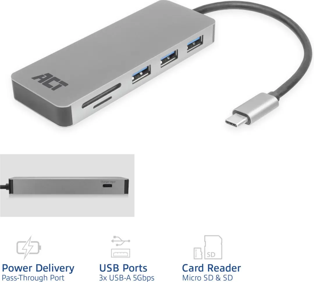 ACT AC7050 USB-C Hub 3.0 - 3x USB-A Zilver