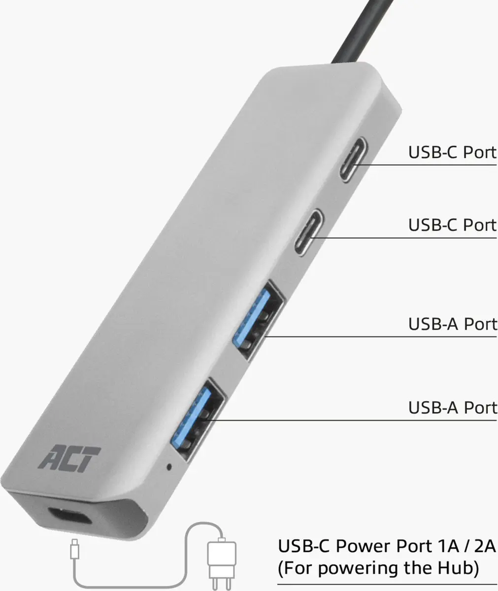 ACT AC7072 USB-C Hub 3.0 - 2x USB-A 2x USB-C - Zwart Grijs