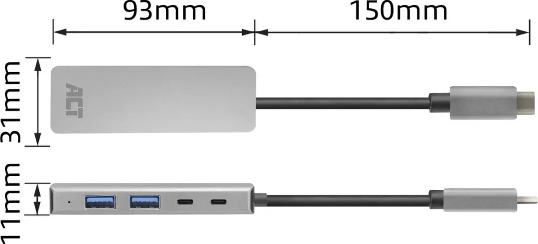 ACT AC7072 USB-C Hub 3.0 - 2x USB-A 2x USB-C - Zwart Grijs