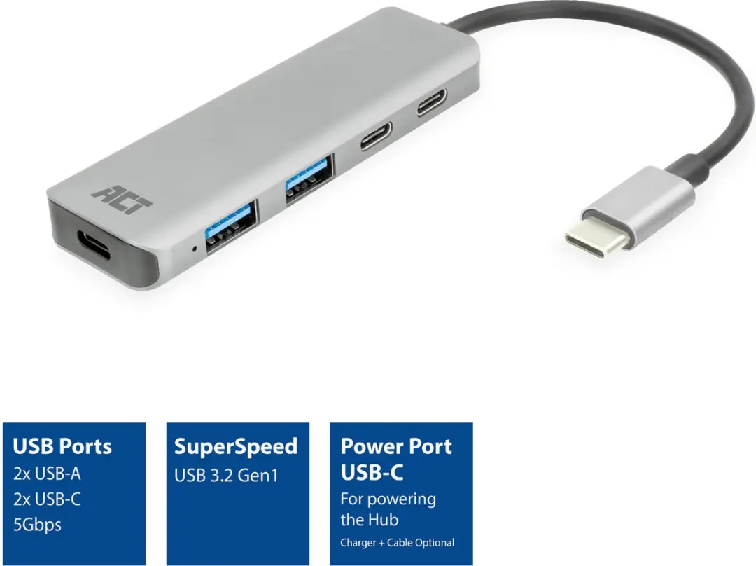 ACT AC7072 USB-C Hub 3.0 - 2x USB-A 2x USB-C - Zwart Grijs