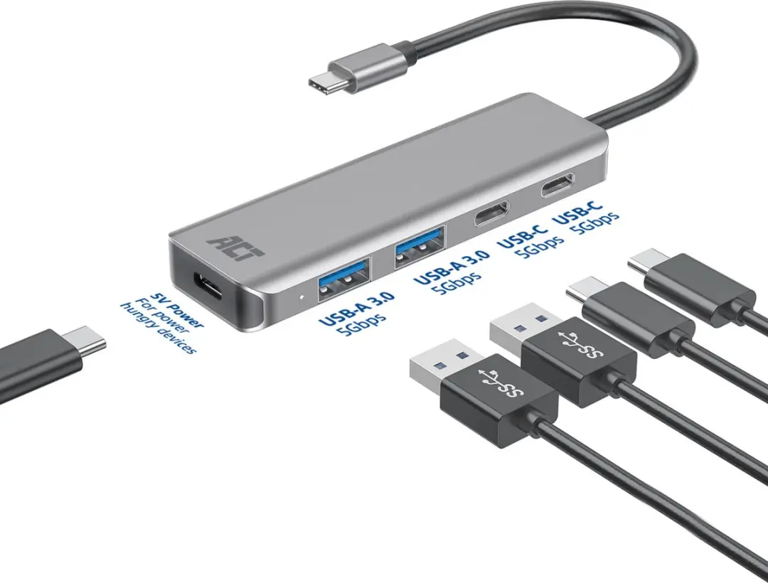 ACT AC7072 USB-C Hub 3.0 - 2x USB-A 2x USB-C - Zwart Grijs - afbeelding 6 van 6