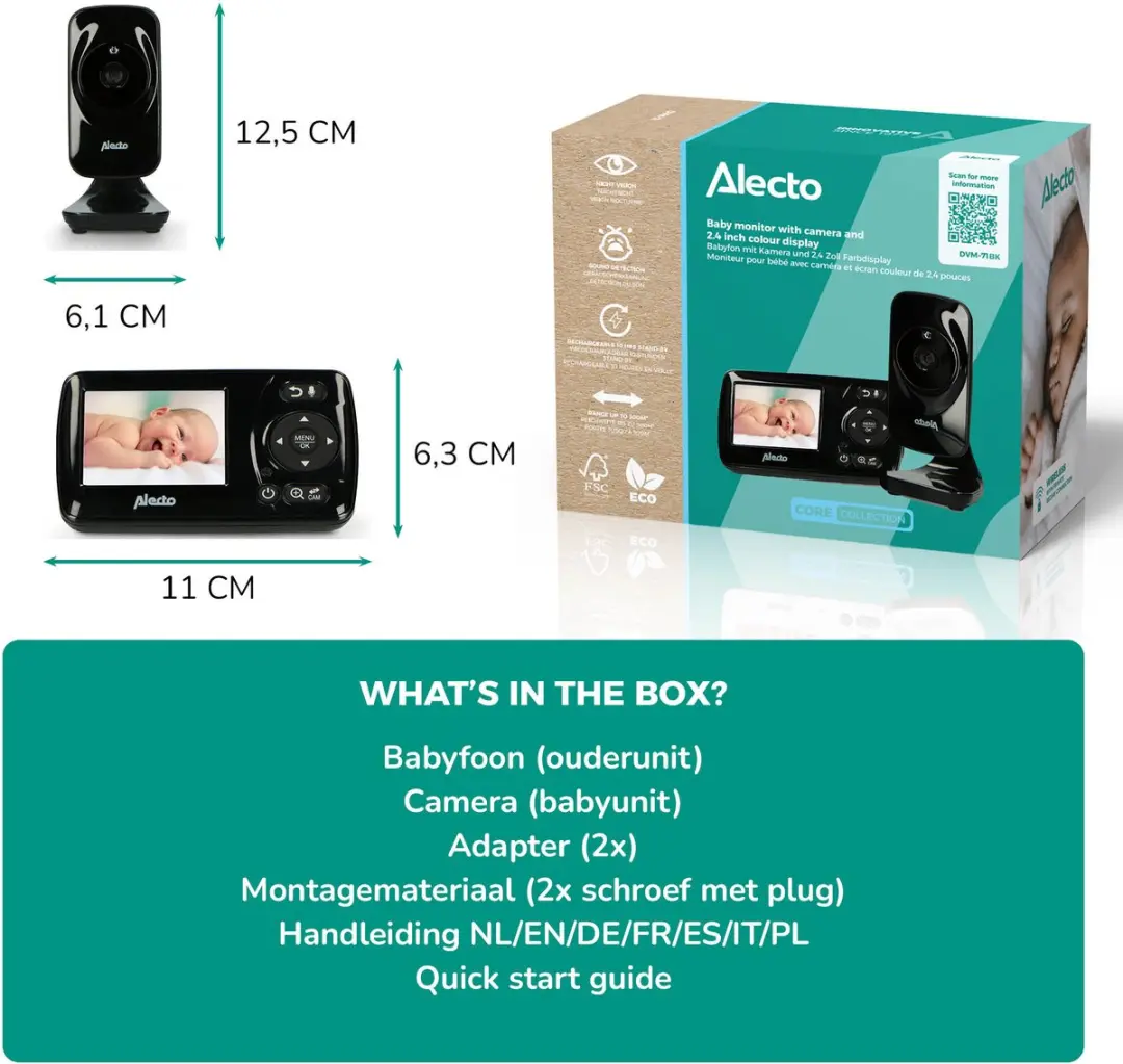 Alecto DVM71BK Babyfoon met Camera - 2.4" Kleurenscherm - Zwart