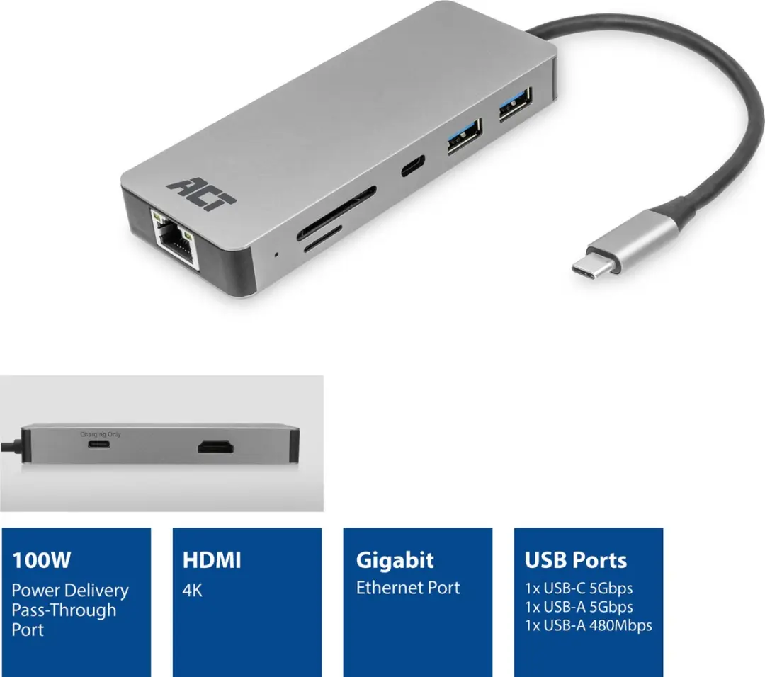 ACT AC7092 USB-C 4K Docking Station - Grijs