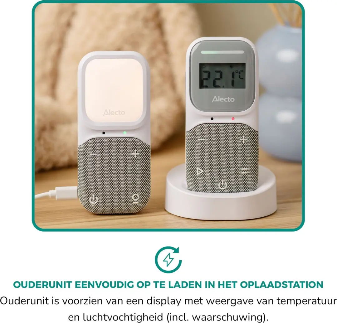 Alecto DBX140 Full Eco DECT Babyfoon - Nachtlampje & Slaapliedjes - Wit/Grijs