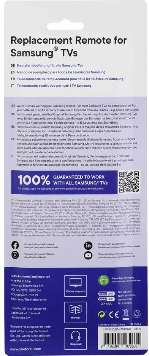 One For All URC4910 Afstandsbediening - Samsung TV - Zwart