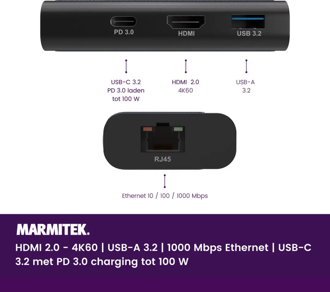 Marmitek Connect USB-C Hub 4 25008476 - HDMI 2.0 & USB 3.2 - 1000 Mbps Ethernet