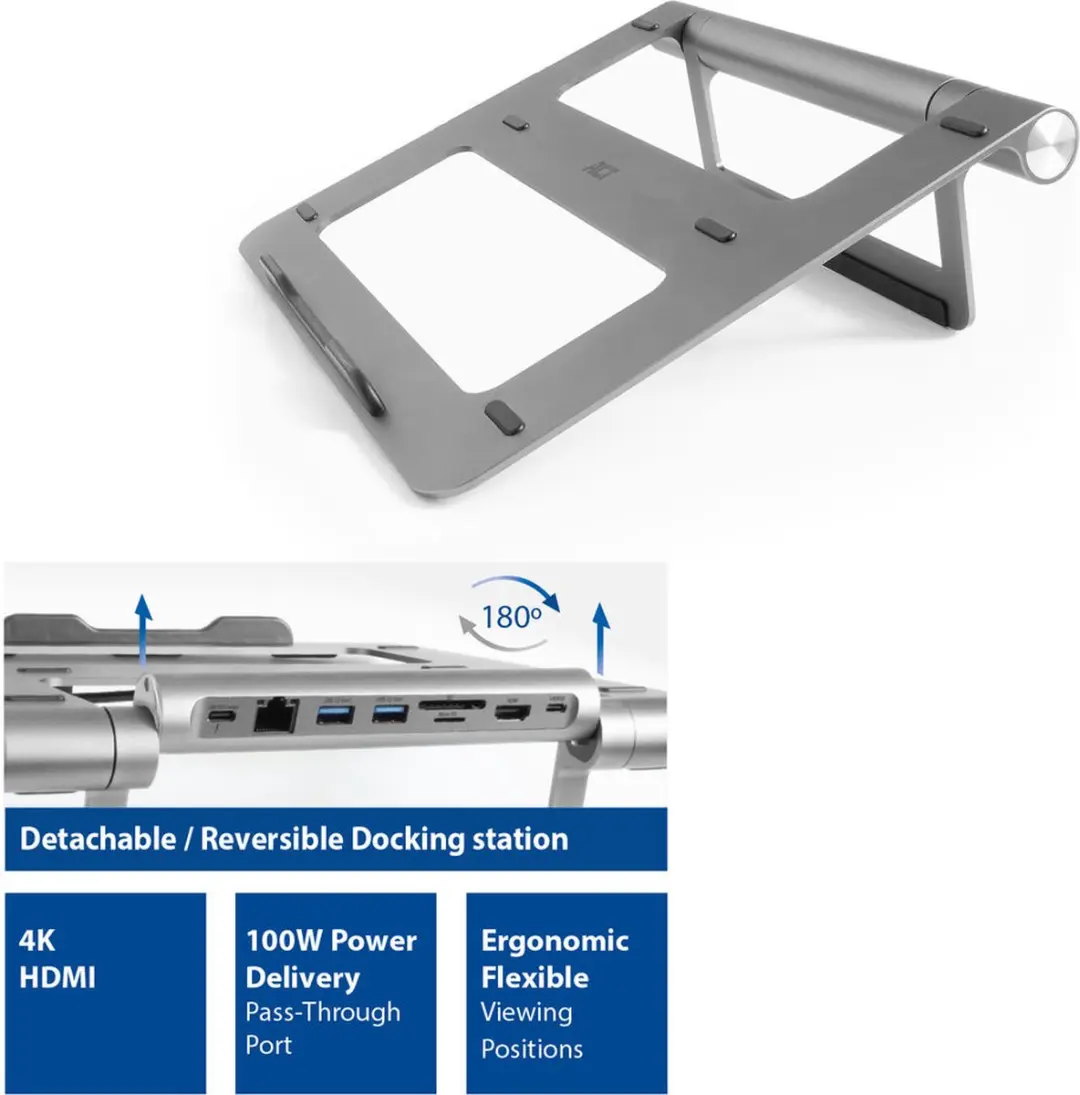 ACT AC8125 Laptopstandaard - Grijs - USB-C Dock