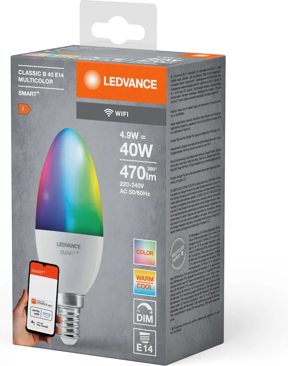 LEDVANCE SMART+ WIFI LEDlamp Candle 4,9W - 47 lm - RGBW - 2700K - afbeelding 5 van 6