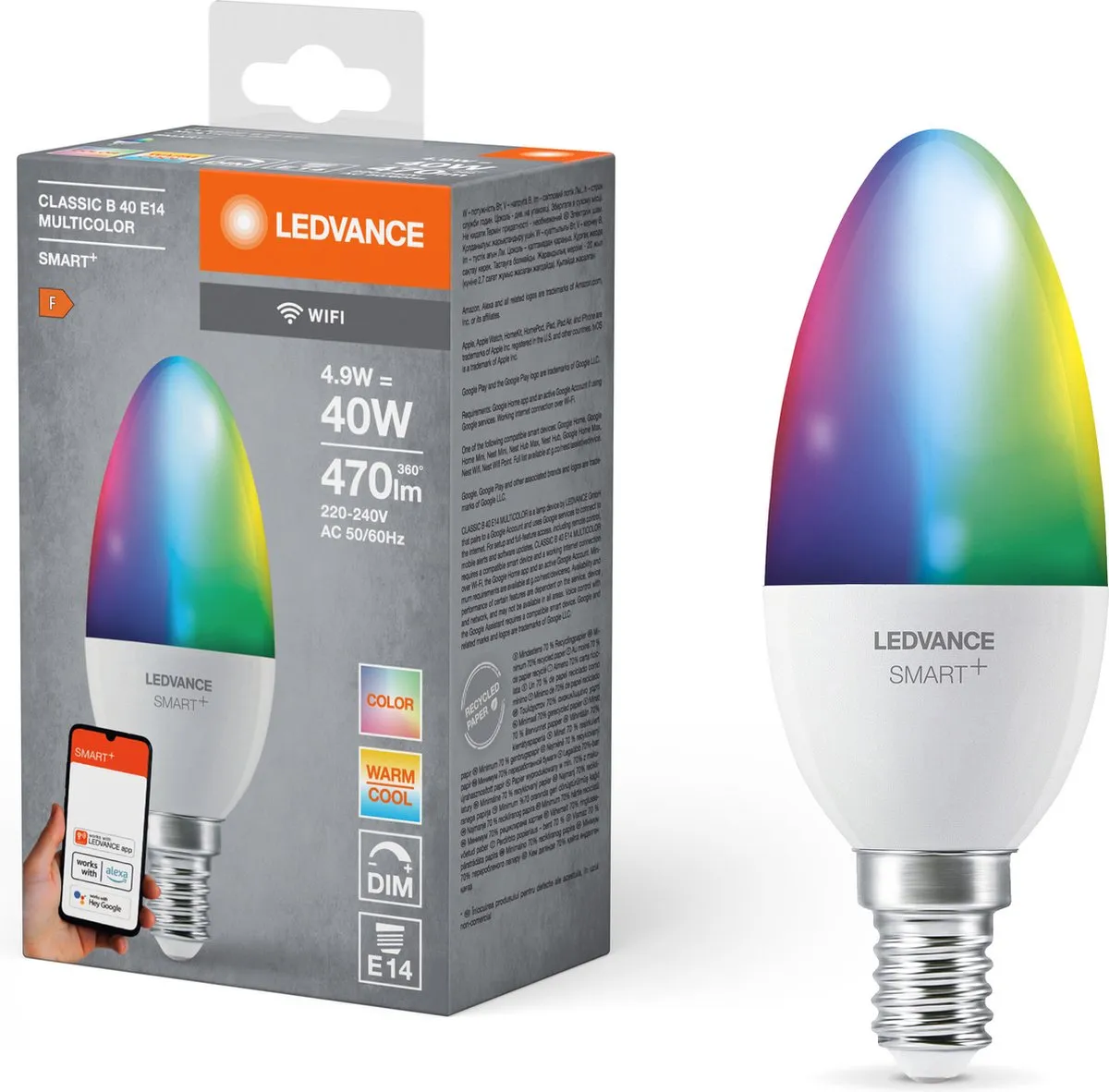 LEDVANCE SMART+ WIFI LEDlamp Candle 4,9W - 47 lm - RGBW - 2700K - afbeelding 4 van 6