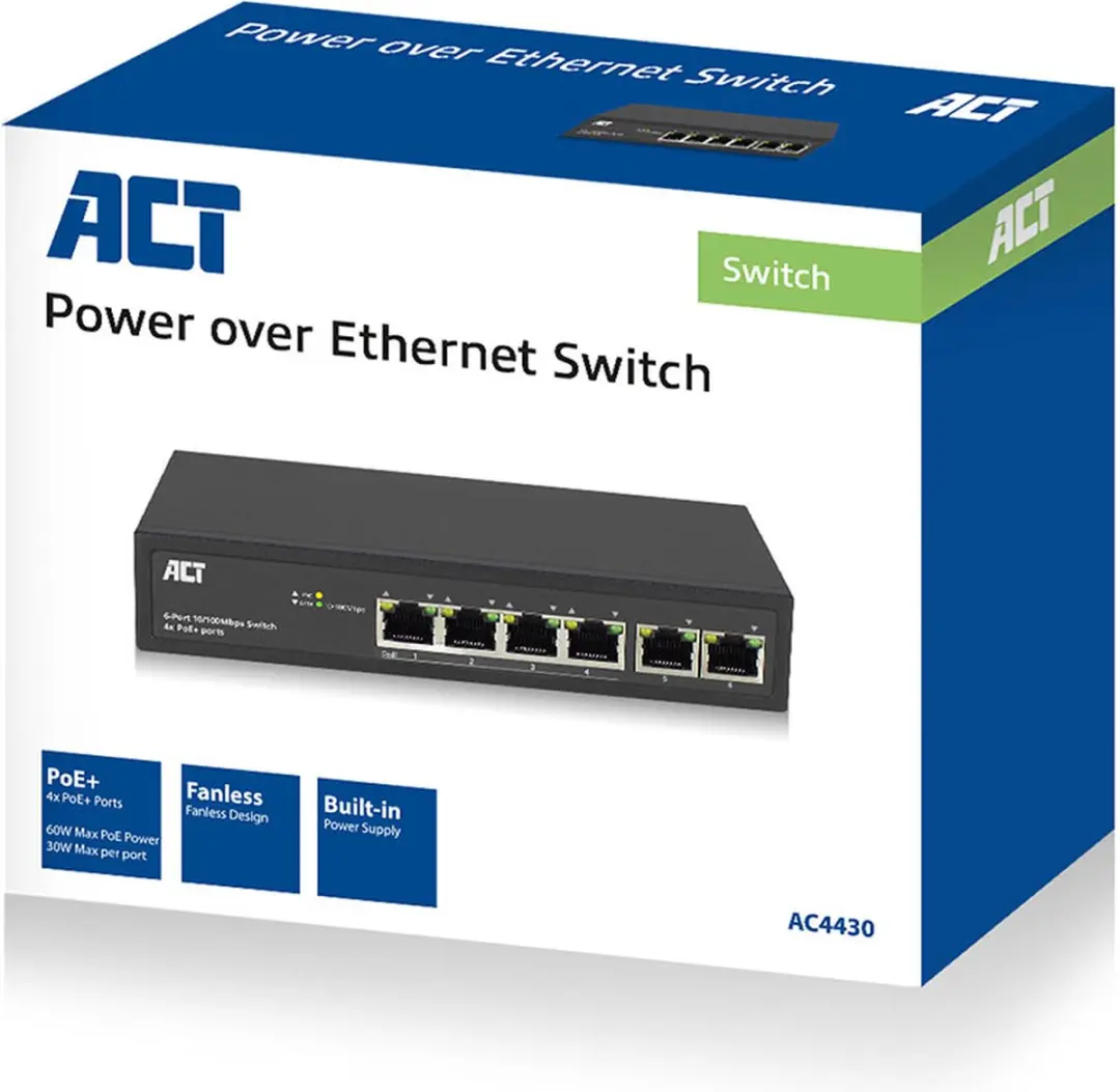 ACT AC4430 6-Poorts Switch - 4x PoE+ 60W - Zwart