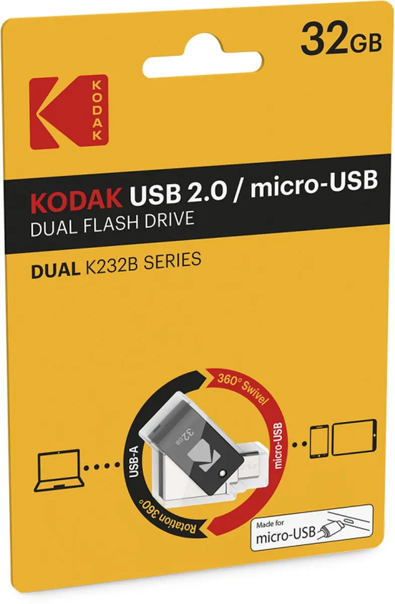 Kodak Dual Flash Drive 32GB - USB 2.0/Micro-USB - Zwart