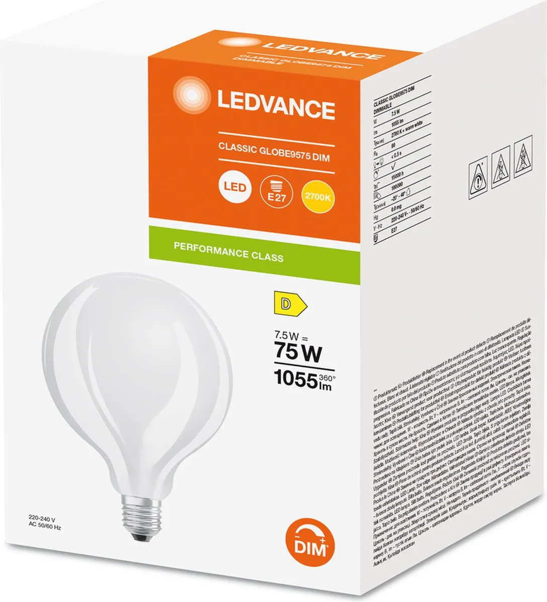 LEDVANCE Classic E27 Globe Filament 7.5W 1055lm - Mat - Zeer Warm Wit - afbeelding 3 van 6