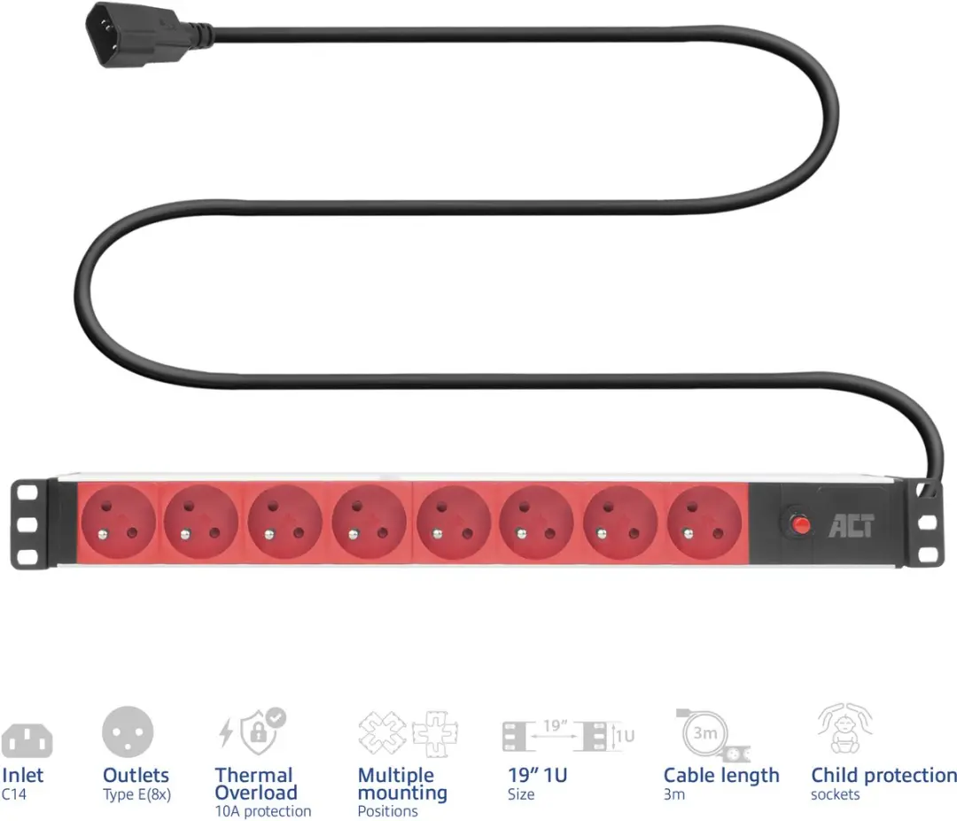 ACT PD3155 19" PDU - 8-voudig - 2500W - Zwart/Rood