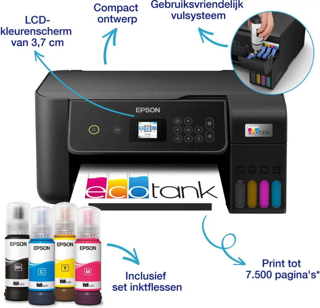 Epson EcoTank ET-2875 Inkjetprinter - 4 Kleuren - WiFi - Zwart