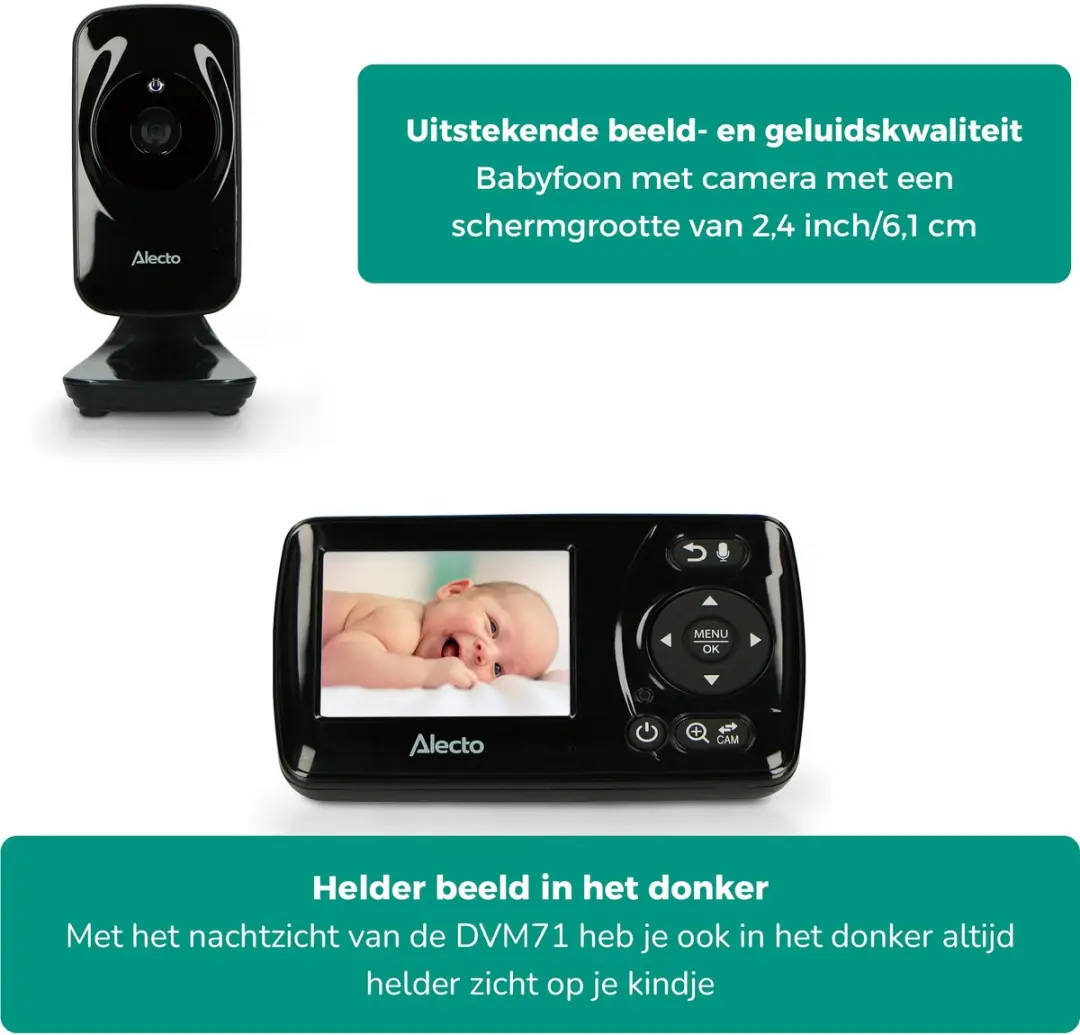 Alecto DVM71BLACK Babyfoon met Camera - 2.4" Kleurenscherm - Nachtzicht