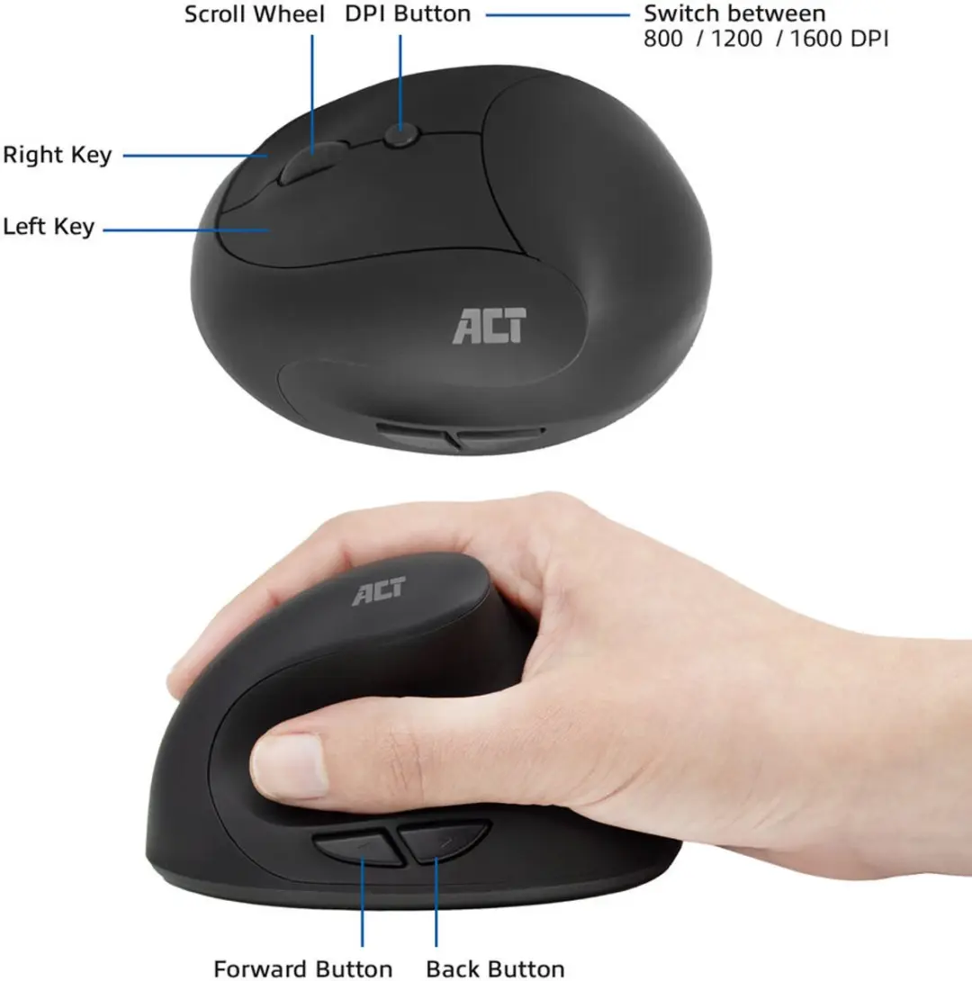 ACT AC5101 Draadloze Ergonomische Muis 1600 DPI - Zwart