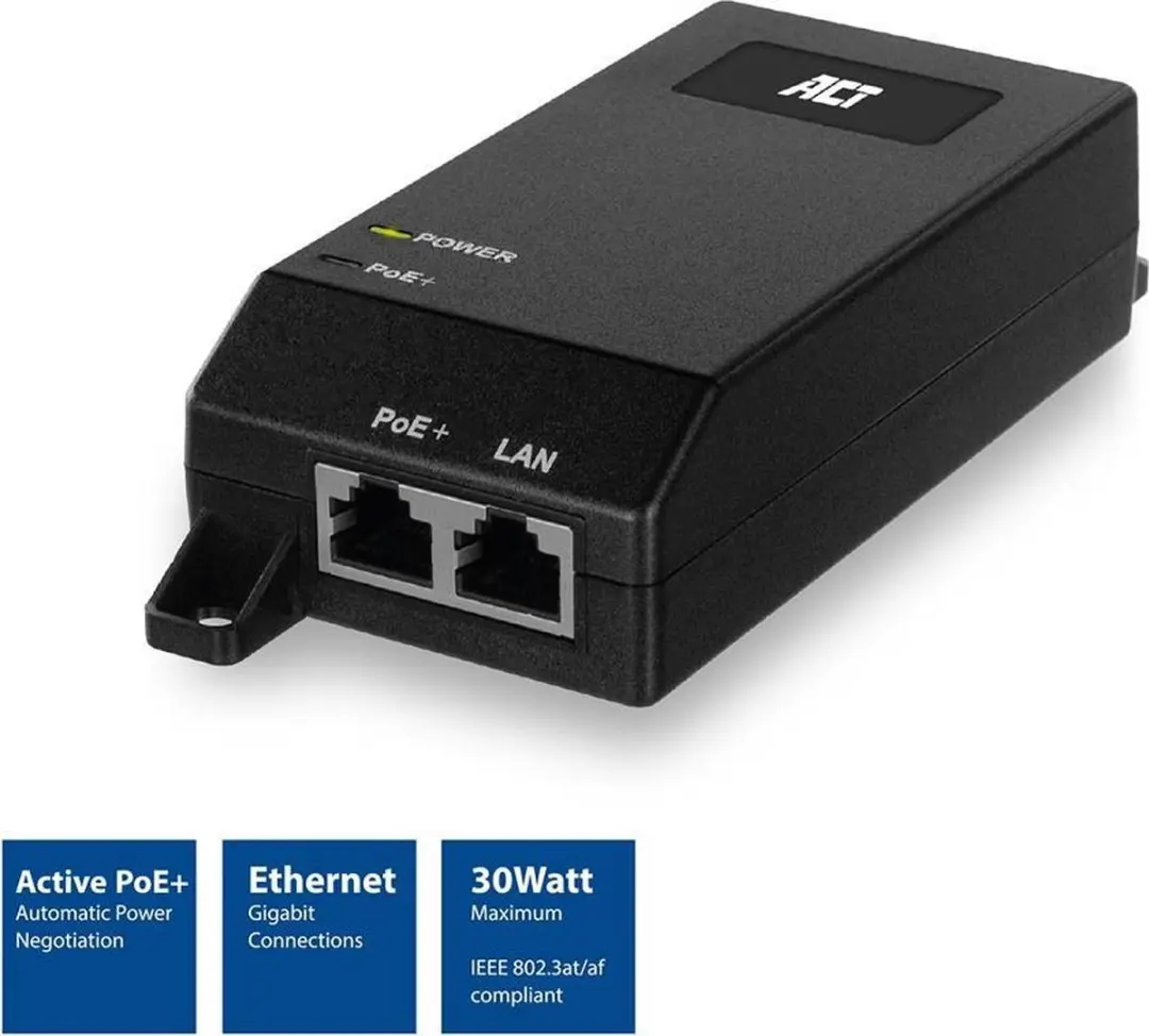ACT AC4438 Gigabit PoE+ Injector 30W - Zwart